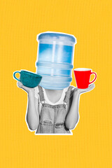 Creative abstract template collage of female office worker hold cups water cooler drinking beverage...