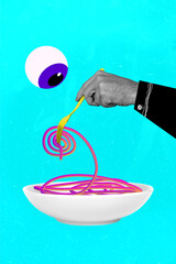 Vertical collage picture of eye ball watch black white colors arm hold fork eat hypnotic food plate...
