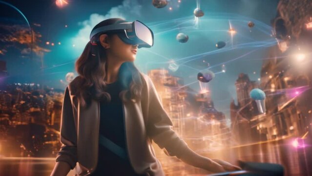  woman wearing a VR headset is taking care of the virtual world. The background is full of user avatars, representing various services.