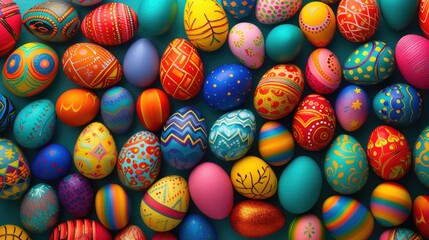 Fototapeta na wymiar A stack of vibrant Easter eggs made with natural food dyes and displayed in a colorful pattern. The eggs are sitting on a base of soft wool, creating a festive and artistic display AIG42E