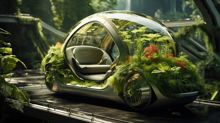 Biofuel-powered vehicle depicted in a picturesque setting,