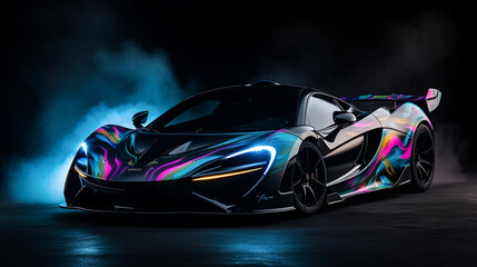 Racing car's aerodynamic body kit upgrades shine against the backdrop of energetic outdoor scenes