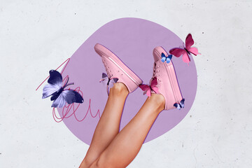 Creative photo collage young woman legs sneakers footwear flying butterflies natural beauty harmony...
