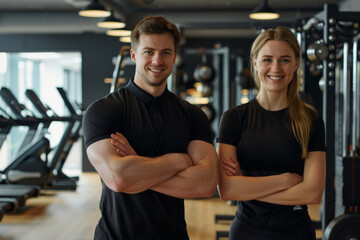 Fototapeta na wymiar Fitness Couple Smiling During Gym Workout Session