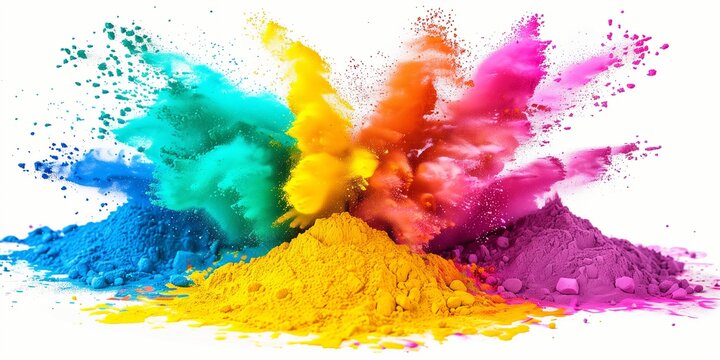 Colorful rainbow paint color powder explosion isolated white wide panorama background