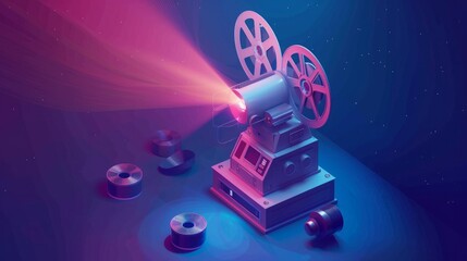 A detailed 3D isometric illustration of a cinema projector with various film reels