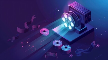Fototapeta na wymiar A detailed 3D isometric illustration of a cinema projector with various film reels