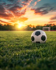 Fototapeta premium Soccer Ball on Stadium Grass at Sunset - Vibrant Sky
