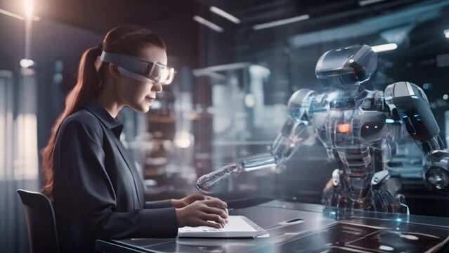  woman wearing AR glasses is writing code to intelligently control a robot. On the background of a lab full of high-tech equipment. It represents technological progress. 