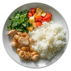 A dish of white rice, chicken, and vegetables on a white plate