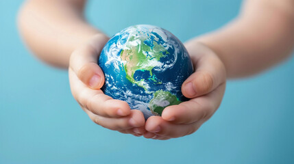 Earth globe planet in kid's tender hands against blue background with copy space. World environment day. Earth world protection concept.