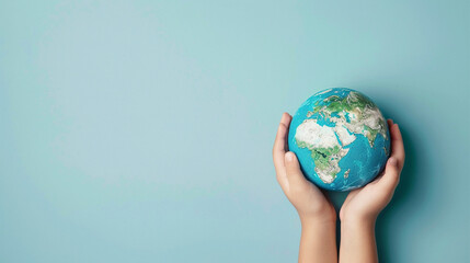 Earth globe planet in kid's tender hands against blue background with copy space. World environment day. Earth world protection concept.