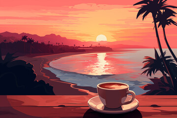 Coffee experience with a view of a tropical beach sunset. concept of a relaxing retreat and sensory enjoyment - 780814200