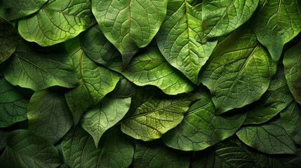 A detailed macro texture of leaves, focusing on the intricate patterns and lush greenery - obrazy, fototapety, plakaty