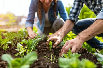 Two people gardening together at sunrise