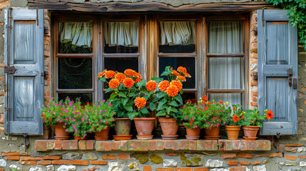Fototapeta na wymiar Antique wooden window with shutters on facade of old house with blooming flowers in pots. Painted brick wall with partially collapsed plaster. Picturesque view. Atmosphere of calm. Copy space.