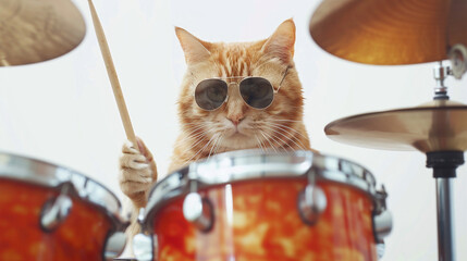 Fashion modern rock cat kitty drummer beating drum set devoted isolated on white background. funny animal musician playing music with stylish sunglasses.