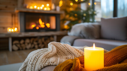 Obraz na płótnie Canvas Cozy living room with fireplace and couch with focus on burning aromatherapy candle , romantic, love , blur background