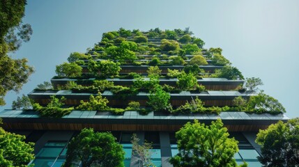 Fototapeta premium A modern cityscape featuring a tree and a building with a lush vertical garden