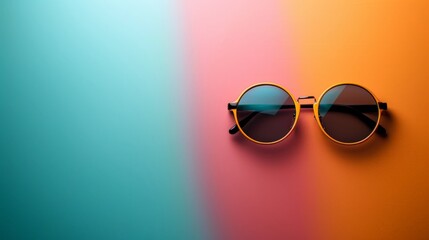 cool sunglasses on colorful solid background, copy space  