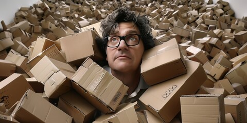 A highly detailed portrayal of an individual submerged in a sea of cardboard boxes