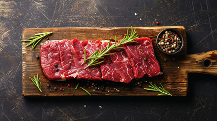 fresh raw steak meat on wooden board with rosemary and spice - Powered by Adobe
