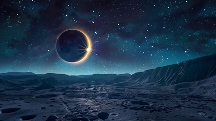 Solar eclipse .Star and moon in space. Futuristic landscape, with noise texture . Night landscape.