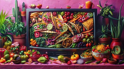Vibrant Gourmet Feast Displayed on Vintage Television Against Pink Background