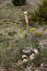 Mark of Petite Randonnee PR trail on a pole - local walking path - around Saint Maurice d'Ardeche -...
