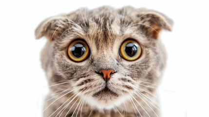 Funny surprised young cat make big eyes closeup isolated on white background. Breed Scottish Fold.