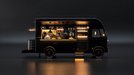 An intricately designed black food truck with a detailed interior - obrazy, fototapety, plakaty