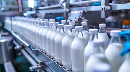 A detailed view of a bottling milk production line within a factory