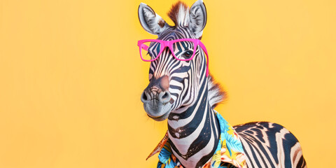 Fototapeta premium A whimsical depiction of a zebra donning pink sunglasses and a Hawaiian shirt, humorously capturing a vacation vibe on a vibrant yellow background.