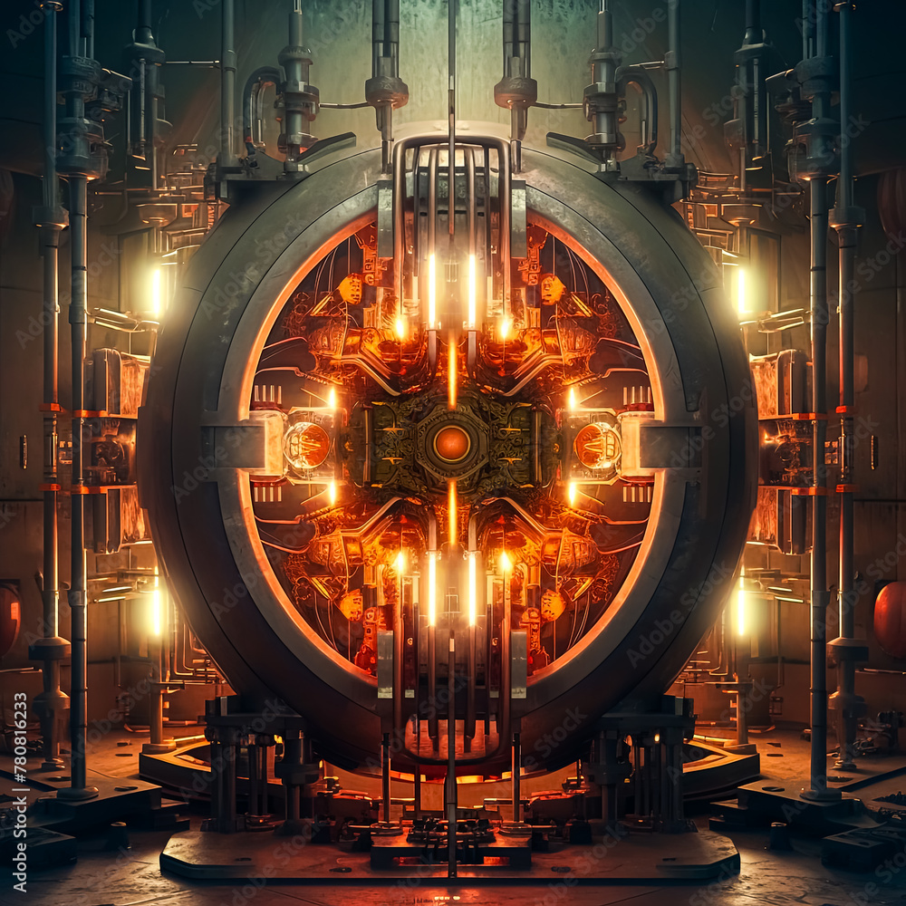 Poster a large, glowing, metallic object with a circular opening in the middle. the object appears to be a 