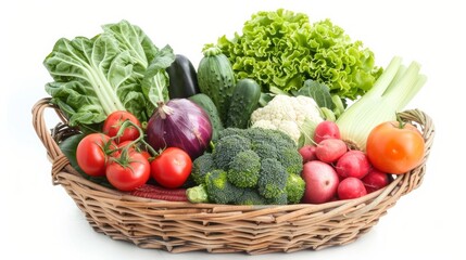 A vibrant assortment of fresh vegetables neatly arranged in a basket
