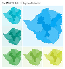 Zimbabwe map collection. Country shape with colored regions. Light Blue, Cyan, Teal, Green, Light Green, Lime color palettes. Border of Zimbabwe with provinces for your infographic.