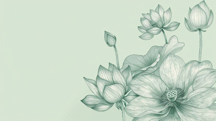 Graceful pencil mono color drawing of lotus and leaf isolated on green background with copy space. Lotus flowers line arts design for wallpaper, natural wall arts, banner, prints, invitation and packa