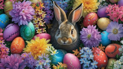 A plant statue of a rabbit with a backdrop of Easter eggs and flowers, set in a natural foodthemed event with a pattern of fruits and local foods, surrounded by grass AIG42E