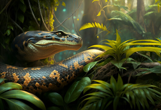 portrait of beautiful  ancient  python  snake in greenery of jungle. close up. Ai generated