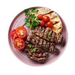 A delicious dish featuring meat, tomatoes, and pita bread on a transparent background