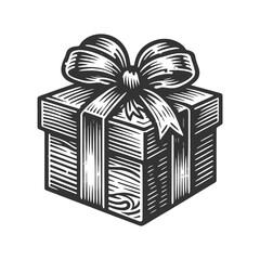 Christmas gift box sketch engraving generative ai vector illustration. Scratch board imitation. Black and white image.