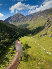 Aerial view of Water of Nevis river near Steall waterfall on Ben Nevis mountain, Scottish Highlands
