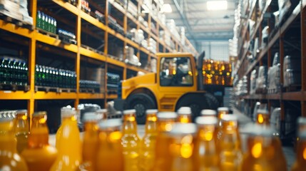 Naklejka premium A vibrant yellow loader stands out against the backdrop of a massive industrial food warehouse