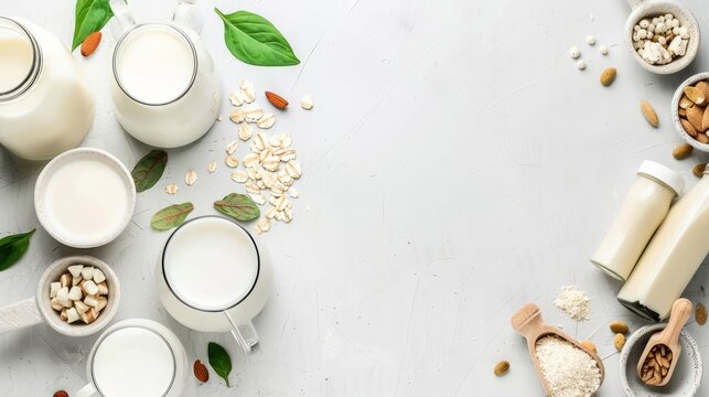 A top view of various vegan plant-based milks and their natural ingredients
