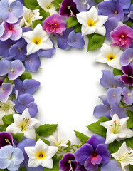 Portrait image view of lavender jasmine lily hollyhocks pansy and periwinkle flowers border frame