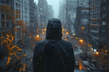 Young man in black hoodie facing city street perfect for mockups. Concept Photography, Young Man, Black Hoodie, City Street, Mockups