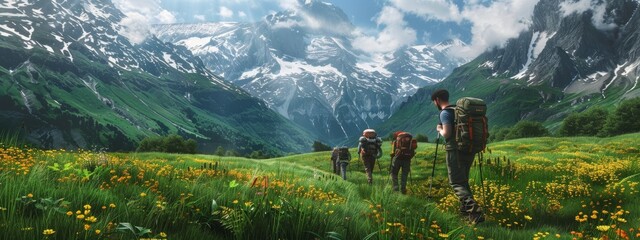 A group of hikers with backpacks and walking sticks are hiking in the mountains, surrounded by green alpine meadows with yellow flowers.