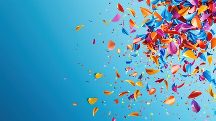 Fototapeta na wymiar A festive scene of multicolored confetti flying joyously against a vivid blue background