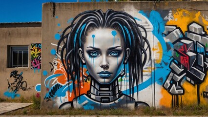 Robot woman with dreadlocks, graffiti street art fashion. Beautiful, strong, feminine paint. Splashes of paint. Powerful sketch of modern wall art. home decor style.