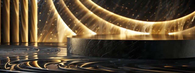 Black background with golden lines and podium for product presentation, luxury design showcase...